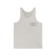 Unisex pickleball tank top with a small minimalist pickleball court diagram on the chest