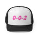 Black trucker cap with a pink "0-0-2" pickleball score in bubble text
