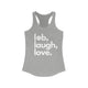 Heather grey women's pickleball racerback tank top with a lob, laugh, love text design and pickleball icon