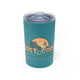 Turquoise vacuum insulated tumbler with a full-color "Coast to Coast Pickleball" badge logo with a mountain, palm tree, and sunset scene