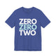 Heather true royal t-shirt with a stacked ZERO ZERO TWO text design