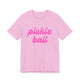 Heather bubble gum pickleball t-shirt with a pink script Pickle Ball text design
