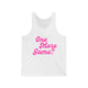 Pickleball tank top with a pink script One More Game text design