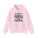 Light Pink pickleball hoodie with bold stacked "HAPPY PEOPLE PLAY PICKLEBALL" text and crossed paddles graphic