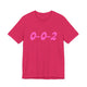 Fuchsia pickleball t-shirt with a pink script 0-0-2 text design