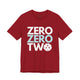 Canvas red t-shirt with a stacked ZERO ZERO TWO text design and a pickleball replacing the O in two