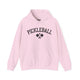 Light pink hoodie with an arched PICKLEBALL text design over crossed paddles