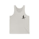 Unisex pickleball tank top with a small silhouette of a person swinging a pickleball paddle on the chest