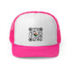 Pink trucker cap with a QR code graphic with a small circular Coast to Coast Pickleball logo at its center