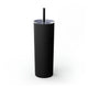 Black skinny tumbler with straw and a heartbeat-line illustration incorporating a paddle and pickleball