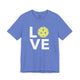 T-shirt with a LOVE text design and a yellow pickleball replacing the O