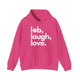 Heliconia pink pickleball hoodie with a lob, laugh, love text design and pickleball icon
