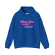 Royal blue pickleball hoodie with a pink script Meet You on the Court text design