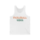 White tank top with retro Pickleball Vibes text design in peach and sage