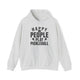 Ash pickleball hoodie with bold stacked "HAPPY PEOPLE PLAY PICKLEBALL" text and crossed paddles graphic