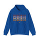 Royal blue hoodie with PICKLEBALL repeated in a stacked gradient text design with heart accents