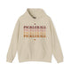Sand hoodie with PICKLEBALL repeated in a stacked gradient text design with heart accents