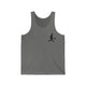 Unisex pickleball tank top with a small silhouette of a person swinging a pickleball paddle on the chest
