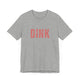 Athletic Heather pickleball t-shirt with a bold, distressed red "DINK" wordmark