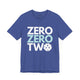 Heather true royal t-shirt with a stacked ZERO ZERO TWO text design and a pickleball replacing the O in two