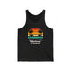Black Heather unisex pickleball tank top with a retro sunset circle with silhouetted palm trees and "West Coast Pickleball" script text