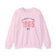 Light Pink pickleball crewneck sweatshirt with a distressed collegiate-style "Bainbridge Island 1965 WA" text stack in navy and coral