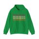 Irish green hoodie with PICKLEBALL repeated in a stacked gradient text design with heart accents
