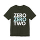 Dark olive t-shirt with a stacked ZERO ZERO TWO text design