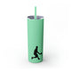 Mint skinny tumbler with straw and a silhouette illustration of a pickleball player mid-swing