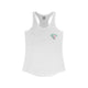 White racerback tank top with a small PICKLEBALLER chest logo featuring crossed pickleball paddles