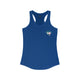 Royal blue racerback tank top with a small PICKLEBALLER chest logo featuring crossed pickleball paddles