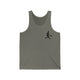 Grey TriBlend unisex pickleball tank top with a small silhouette of a person swinging a pickleball paddle on the chest