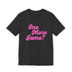 Dark grey heather pickleball t-shirt with a pink script One More Game text design