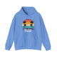 Carolina Blue pickleball hoodie with a retro sunset circle with silhouetted palm trees and "West Coast Pickleball" script text