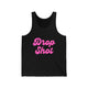 Black pickleball tank top with a pink script Drop Shot text design