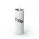 White skinny tumbler with straw and an upside-down "PICKLEBALL" wordmark