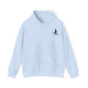 Light Blue pickleball hoodie with a small silhouette of a person swinging a pickleball paddle on the chest