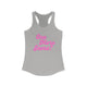 Pickleball women's racerback tank top with a pink script One More Game text design