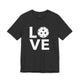 Dark grey heather t-shirt with a LOVE text design and a white pickleball replacing the O