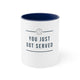 White mug with a Navy accent and "YOU JUST GOT SERVED" text with a pickleball icon and divider lines