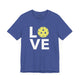 Heather true royal t-shirt with a LOVE text design and a yellow pickleball replacing the O