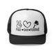 Black trucker cap with a "Peace Love Pickleball" design with a peace-sign hand, a heart, and a paddle and ball