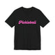 Black pickleball t-shirt with a pink script Pickleball text design