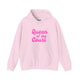 Light pink pickleball hoodie with a pink script Queen of the Court text design