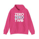 Heliconia pink hoodie with a stacked ZERO ZERO TWO text design and a pickleball replacing the O in two
