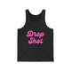 Pickleball tank top with a pink script Drop Shot text design