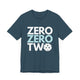Deep teal t-shirt with a stacked ZERO ZERO TWO text design and a pickleball replacing the O in two