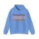 Carolina blue hoodie with PICKLEBALL repeated in a stacked gradient text design with heart accents