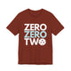 Rust t-shirt with a stacked ZERO ZERO TWO text design and a pickleball replacing the O in two