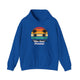 Royal pickleball hoodie with a retro sunset circle with silhouetted palm trees and "West Coast Pickleball" script text